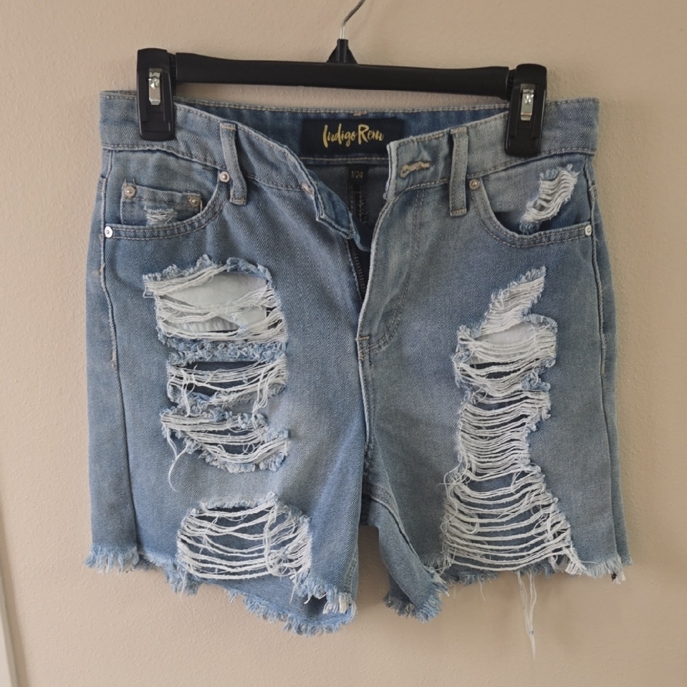 Indigo Raw Ripped Light Blue Jean Shorts